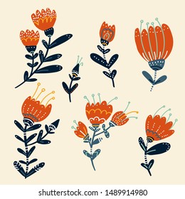 Vector autumn floral calendula set. Colorful floral collection with yellow, terracotta flowers, leaves. Floral elements for wedding, clipart.simple scandinavian style.warm colors. Vector illustration.
