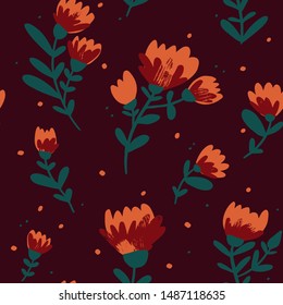 Vector autumn floral seamless pattern. Colorful floral collection with yellow, terracotta flowers, leaves and berries. Floral elements for wedding. Autumn floral clipart. Vector illustration.
