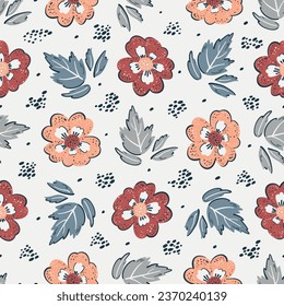Vector Autumn Floral Seamless Pattern. Vintage Flowers with Leaves Background. Beautiful Flower and Leaf. Ditsy Floral Print