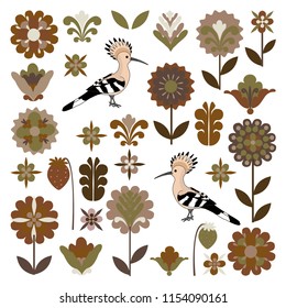 Vector autumn floral set with leaves, flowers.  Bird hoopoe, vector illustration