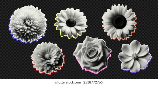 Vector autumn flowers isolated on transparent background. Trendy elements with a halftone effect for collage, poster, banner, cover design in y2k style.