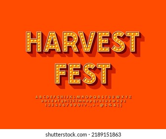 Vector autumn flyer Harvest Fest. Orange lightbulb Font. Bright Lamp Alphabet Letters and Numbers set