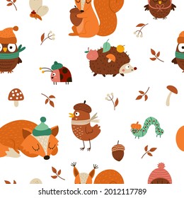 Vector Autumn forest animals and insects seamless pattern. Cute repeat background with hedgehog, squirrel, fox, bird, owl in hat and scarf. Vector fall or Thanksgiving characters digital paper
