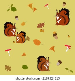 Vector de animales de bosque otoñal y hojas sin costura. Un fondo repitiéndose con ardillas, hojas, setas, bellotas. Símbolos de Acción de Gracias blob vectorial o papel digital.