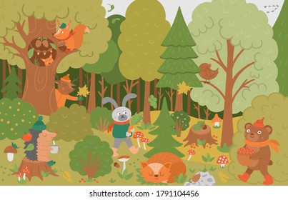 Vector autumn forest background with cute animals, leaves, trees, mushrooms. Funny woodland scene with bear, squirrel, sleeping fox and plants. Flat fall illustration for children.
