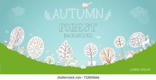 Vector autumn forest background. Cute hand-drawn owl, squirrel, hedgehog, bird, hare, fox, deer, raccoon. Autumn trees and falling leaves, mushrooms, clouds and rain. Grass and sky.