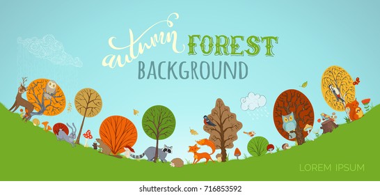 Fondo del bosque vectorial otoño. Animales silvestres de tierras bajas en el bosque hecho al estilo de las caricaturas. Fox, ciervo, liebre, ardilla, carpintero, racoon, erizo, búho, búho, castor. El clima húmedo del otoño. Árboles y hojas.