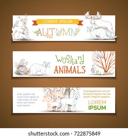 Vector autumn forest banners set. Cute woodland wild animals in forest made in cartoon style. Fox, deer, elk, hare, wolf, squirrel, raccoon, beaver. Autumn trees, bushes and leaves.