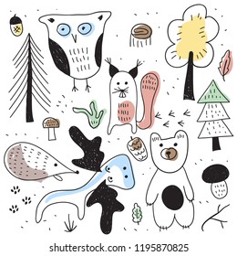 Vector Autumn Forest Illustration: animals and plants in the forest at autumn. Scandinavian style