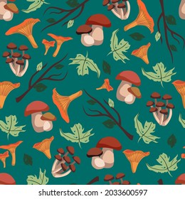 Vector autumn forest seamless pattern with mushrooms, branches and leaves isolated on green background. Chanterelle, agaric honey, cep, dry maple leaves.