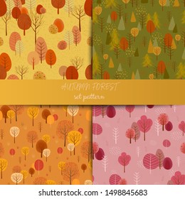 Vector autumn forest seamless patterns with hand drawn trees. Set seamless autumn landscape pattern. Colorful cartoon background in flat design. Can use for textile, web and graphic design.