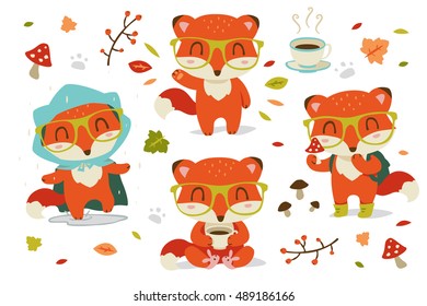 vector autumn fox cartoon set