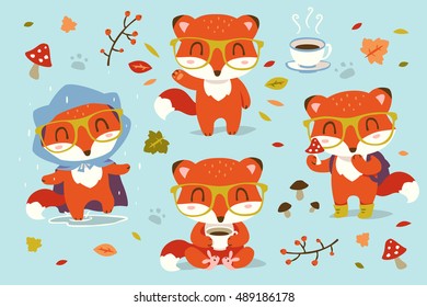 vector autumn fox cartoon set