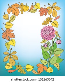 Vector autumn frame. Background of fallen leaves yellowed, flying around the blooming dahlias