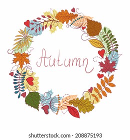 Vector autumn frame with colorful leaves and hearts on white background