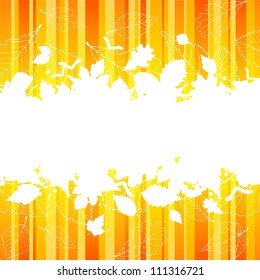 Vector autumn frame with fall leaf silhouette on orange striped background