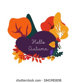 Vector autumn frame with falling leaves, tree, rowan, fall floral elements and hand written quote Hello Autumn. Bright round frame made from hand drawn botanical elements. Isolated on white