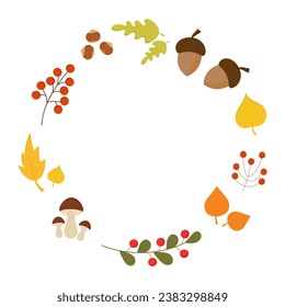 Vector autumn frame with leaves, berries, mushrooms. Fall decorations set. For cards, gift tags, labels, stickers.