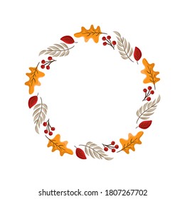 Vektorherbstrahmen mit Platz für Text. Mit Blättern, Buchten und Beeren zum glücklichen Erntedanktag. Vorlagengrafik für Druck, Grußkarte, Becher. Herbstkonzept.