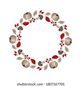 Vector autumn frame round wreath with place for text. With leaves, acorts and berries for Happy Thanksgiving Day. Template illustration for print, greeting card, mugs. Fall concept.