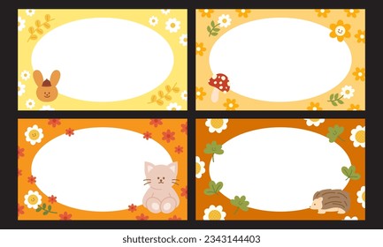 Vector autumn frame set with bunny, cat, hedgehog, flowers, leaves, mushroom for yellow and orange banners, name tags, ad template, wallpaper, background, border, paper design, memo note, notepads
