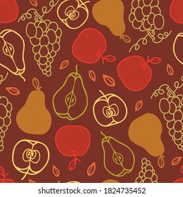 Vector autumn fruits line art repeat pattern background.