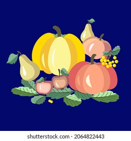 Vector - autumn fruits pattern. Pumpkins, apples, pears, berries on a leaves bed. Template.