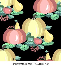 Vector - autumn fruits seamless pattern. Pumpkins, apples, pears and berries. Template on leaves.
