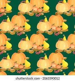 Vector - patrón sin fisuras de frutos de otoño. Calabazas, manzanas, peras y bayas. Plantilla sobre hojas.