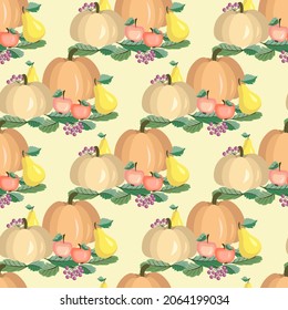 Vector - autumn fruits seamless pattern. Pumpkins, apples, pears and berries. Template on leaves.