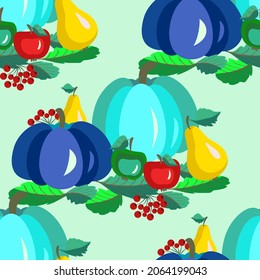 Vector - autumn fruits seamless pattern. Pumpkins, apples, pears and berries. Template on leaves.