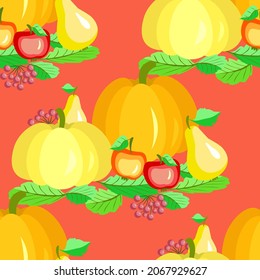 Vector - autumn fruits seamless pattern. Pumpkins, apples, pears and berries. Template on leaves.