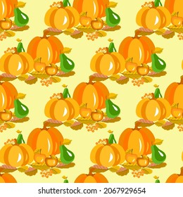Vector - patrón sin fisuras de frutos de otoño. Calabazas, manzanas, peras y bayas. Plantilla sobre hojas.