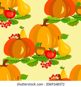Vector - autumn fruits seamless pattern. Pumpkins, apples, pears and berries. Template on leaves.