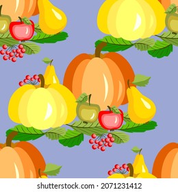 Vector - autumn fruits seamless pattern. Pumpkins, apples, pears and berries. Template on leaves.