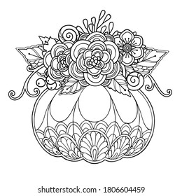 Vector autumn garden composition in doodle style  Floral  ornate  decorative  design elements  Black   white monochrome background  Pumpkin and flowers   leaves  Coloring book page