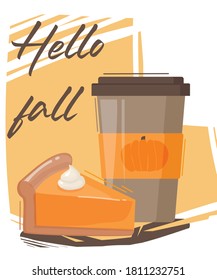 Vector Autumn greeting card, flyer, banner, poster templates. Coffee, pumpkin pie and lettering. Vector collection of Thanksgiving Day.