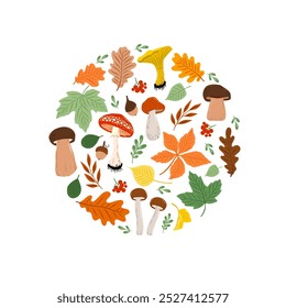 Vector Autumn greeting card with mushrooms, berries, oak leaves, fir branches, acorns