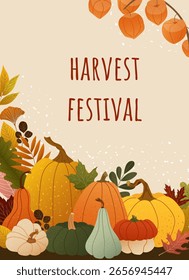 Vector autumn greeting card with pumpkins, leaves and physalis. Warm colors, textured flat style and cozy fall feeling. Thanksgiving card, harvest festival design, seasonal banner, poster or postcard