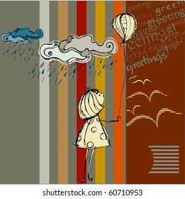 vector autumn greeting design with illustrated little girl with balloon | eps8
