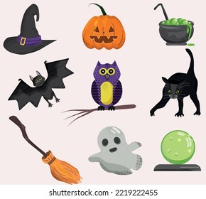 Vector Autumn Halloween Set With Pumkin,ghost,black Cat, Hat, Ball, Owl And Bat. Different Objects And Animals