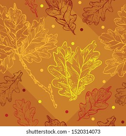 Vector autumn hand drawing seamless pattern with different color oak tree leaves outline on the orange background. Fall line art of foliage in red and yellow colors. stock illustration