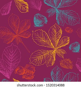Vector autumn hand drawing seamless pattern with bright colorful horse chestnut  leaves and seeds outline on the maroon background. Fall line art of foliage in different color. stock illustration