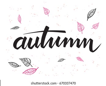 vector autumn hand lettering label with doodle leaves and dots.