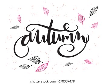 vector autumn hand lettering label with doodle leaves and dots.