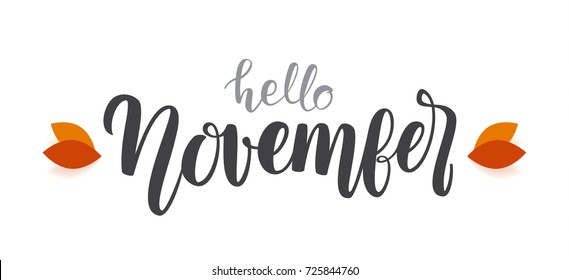 Vector Autumn handwritten type lettering of Hello November with fall leaves.  