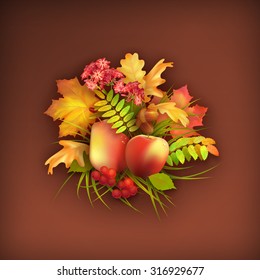 Vector autumn harvest background with apple, pear, flowers, oak and maple fall leaves, rowan berry, grass