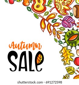 Vector Autumn Harvest Festival greeting card, or background. Bright hand drawn banner with ripe pumpkin, colorful oak, chestnut, maple leaves, vegetables, acorn and mushroom. Farmer’s market fall sale