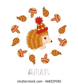 Vector autumn hedgehog with mushrooms and leaves. Hedgehog vector. Autumn illustration