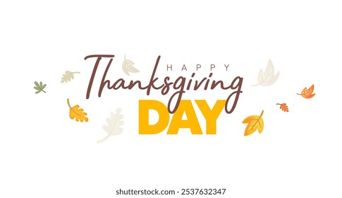 Vector autumn holiday illustration of happy thanksgiving day word and orange leaves pattern on white color background. Thanksgiving day lettering design with fly cartoon abstract leaf for banner, card